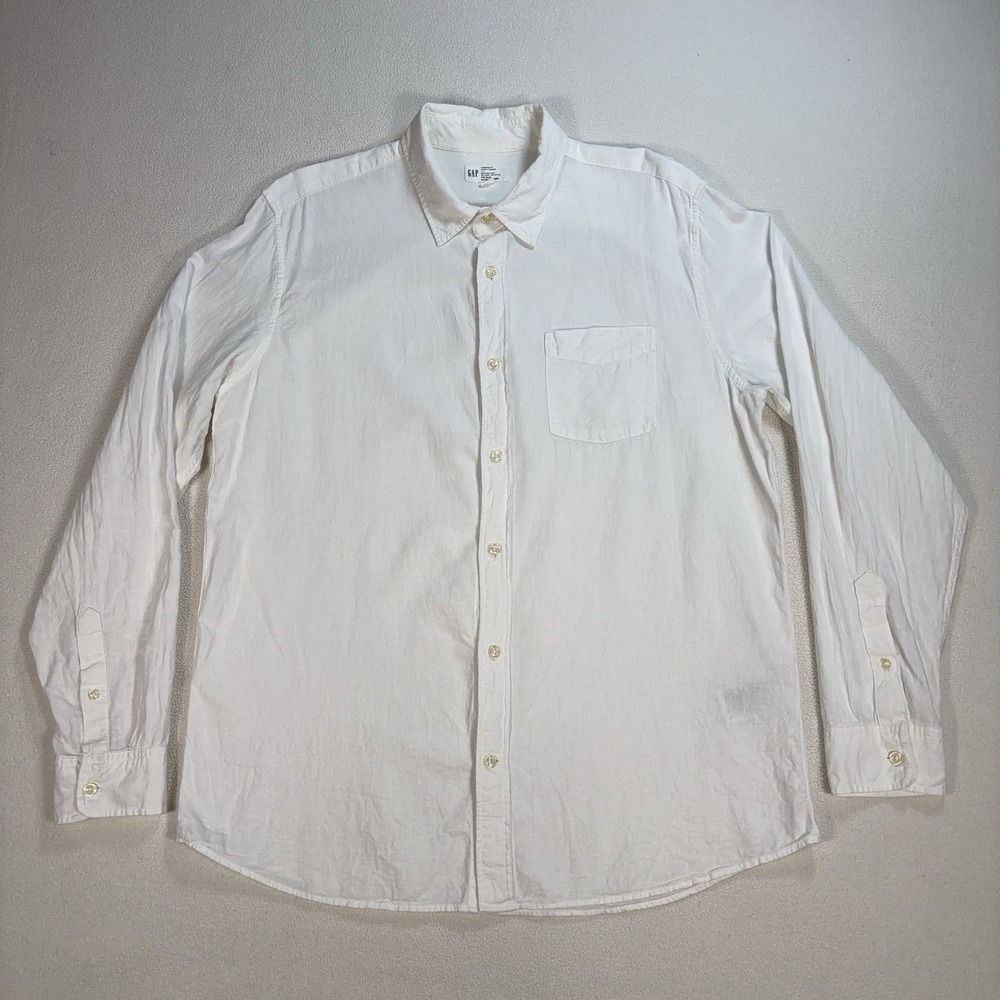 Gap Linen-Cotton Shirt Men's L Off-White Standard Fit Pocket Button Up Resort